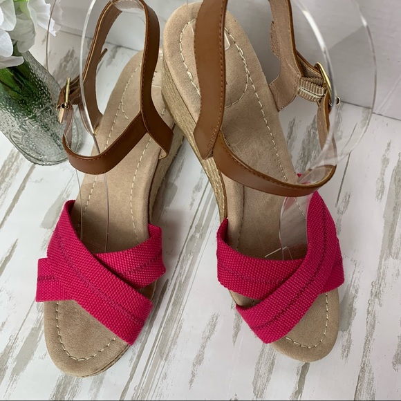 Lands End Wedge Sandal Leather Canvas Pink Sz 9B - Picture 2 of 8